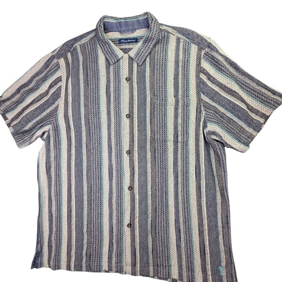 Tommy Bahama Shirt Men XL Blue Gray Striped Herringbone Camp Short Sleeve Pocket - Picture 1 of 12